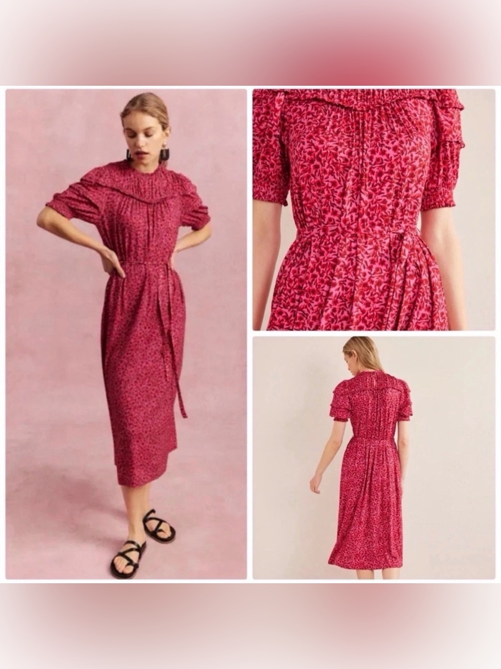 Boden Yoke Detail Floral Jersey Midi Dress‎ Women's 10L Gin Fizz Pink Boho Chic